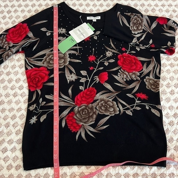 NWT Emily Daniels Lightweight 3/4 Sleeve Embellished Black Sweater Petite Small - Picture 11 of 12
